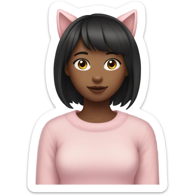 girl fair skin, black hair and bangs, cat ears and sweater pink soft  sticker