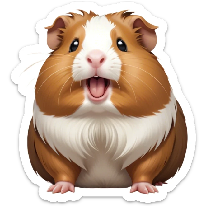 Cinematic Cute Yawning Brown and White Banded Guinea Pig Portrait Emoji, Head tilted slightly with a dramatic, wide-open yawn, revealing a soft, banded fur of brown and white with tiny, droopy ears, round dark eyes barely open in drowsy contentment, Simplified yet irresistibly adorable features, highly detailed, glowing with a soft, cozy glow, high shine, relaxed yet expressive, stylized with a touch of whimsy, bright and endearing, soft glowing outline, capturing the essence of a sleepy yet affectionate guinea pig, so drowsy it feels like it could stretch out of the screen and curl up for a nap! sticker