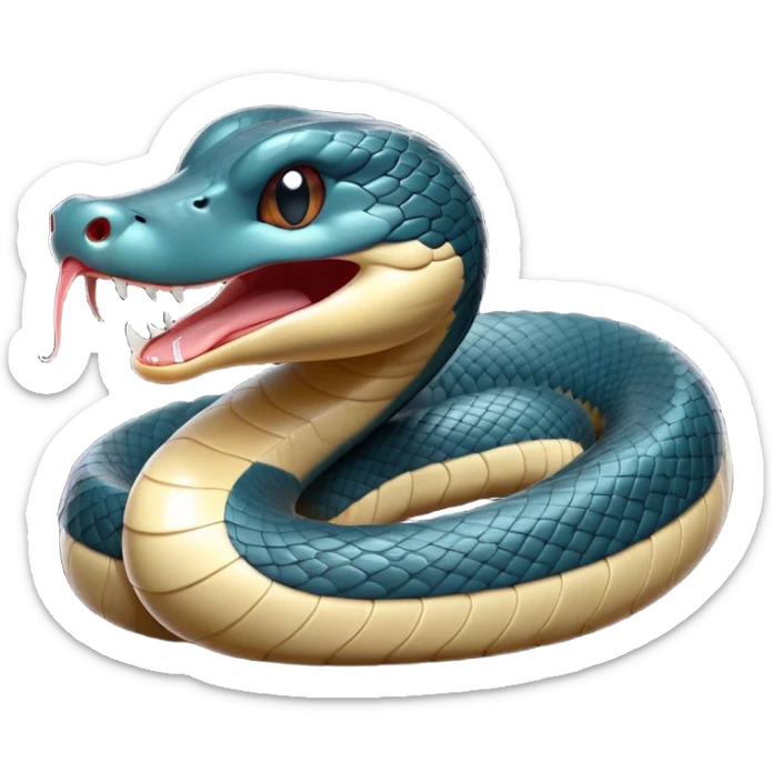 Cinematic Cute Yawning Chinese Water Snake Portrait Emoji, Head tilted slightly with a dramatic, wide-open yawn, showcasing a soft, glossy scaled body with gently drooping edges and half-closed, drowsy eyes, Simplified yet irresistibly adorable features, highly detailed, glowing with a soft, cozy aquatic glow, high shine, relaxed yet expressive, stylized with a dash of waterborn charm, soft glowing outline, capturing the essence of a sleepy yet affectionate water snake that seems ready to stretch out and rest in its watery domain! sticker