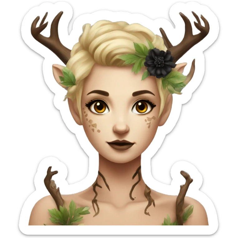 Forest Faun with deer horns and black flower tattoos, female, beautiful, desirable, blonde sticker