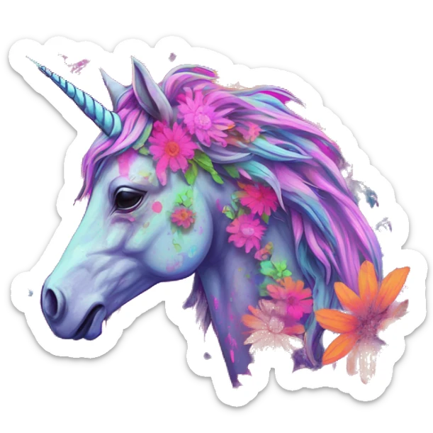 Zombie Pegasus unicorn psychedelic flowers floral groovy art neon rave raving sticker