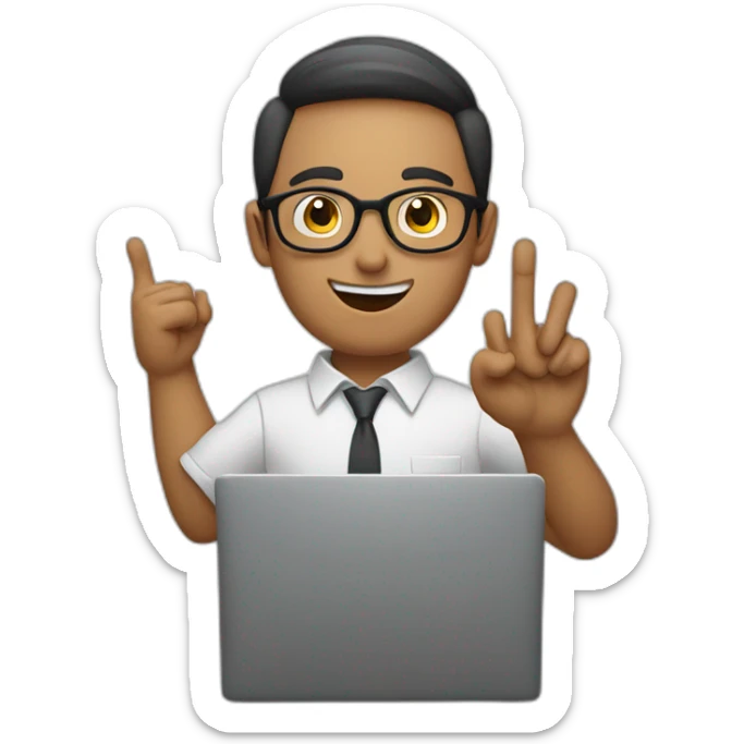 man wearing glasses and holding a computer in his right hand and signaling OK with his left hand sticker