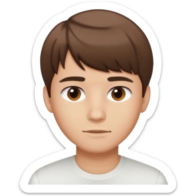 portrait of a young man with short brown hair and straight bangs, wearing a white shirt sticker