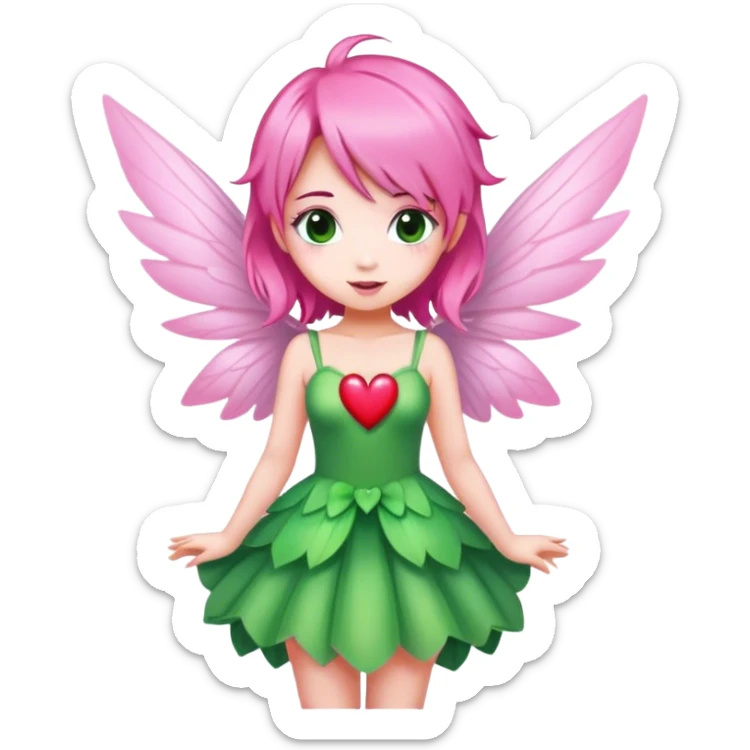 pink hair, pink wing fairy in green dress heart sticker