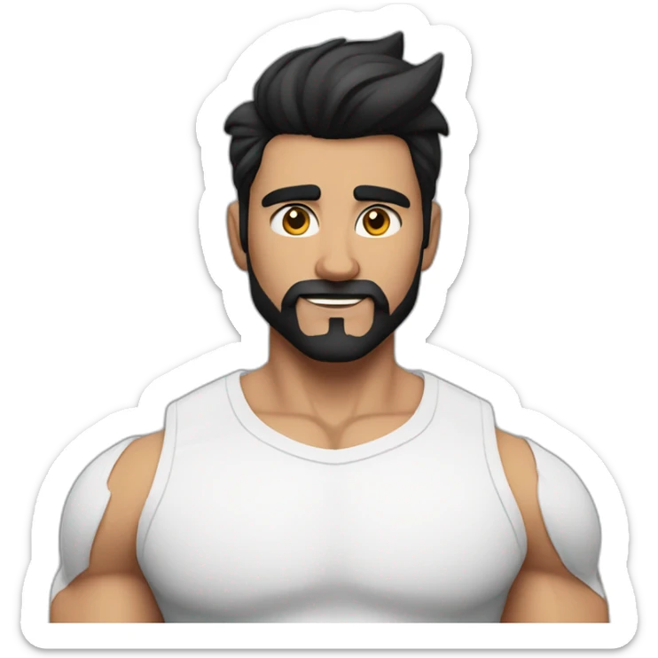 close up of white skin indian in plain white shirt with sleeve up and quiff black hair style and beard and muscle body sticker