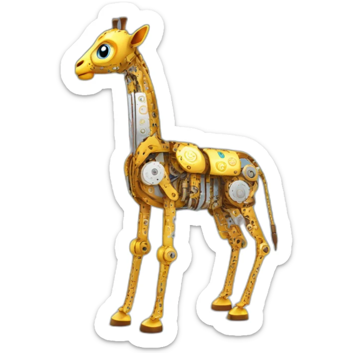 Una girafa robotica con patrones de circuitos brillantes en su piel, piernas con juntas móviles y piezas de metal relucientes sticker