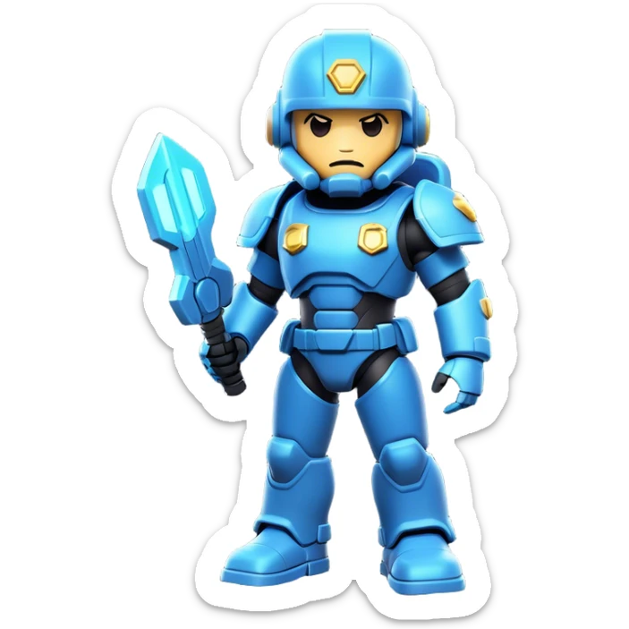 Clash of Clans aesthetic: Cinematic Playful Terran Marine Hero Emoji, rendered in a 3D vector-style similar to standard emojis with minimal shading and bold, simplified shapes. A compact, heroic isometric figure clad in futuristic power armor with signature energy accents, softly glowing with a cosmic battle charm. Simplified yet unmistakably iconic, highly detailed and consistent, glowing with a soft radiant shine and high gloss. Stylized with a touch of interstellar valor and a soft glowing outline, capturing the essence of an elite space warrior with a friendly, playful manner! sticker
