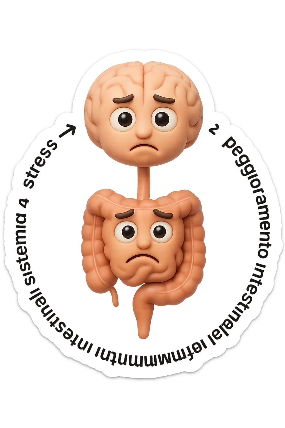 EMOJI STILE IPHONE 3D DI un cerchio con queste scritte che girano intorno in ordine per come li ho scritti "1. stress → 2. peggioramento intestinale → 3. aumento infiammazione → 4. peggioramento sintomi intestinali e sistemici." al centro del cerchio metti un cervello e intestino umani collegati verticalmente con espressione dubbiosa in volto, FALLO MOLTO REALISTICO IN 3D sticker