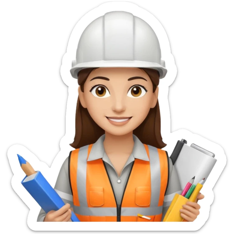 Arquitecta ojos marrones oscuros pestañas piel oliva pelo marron por los hombros sonrie casco blanco chaleco reflectante y material de dibujo técnico sticker