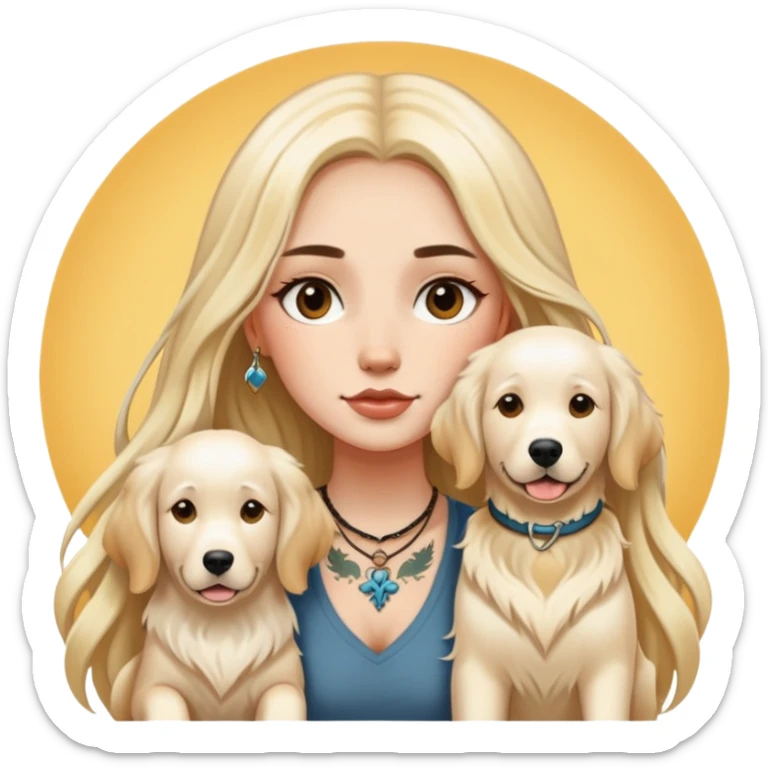 a  white girl with long hair with tattoo with 2 white golden retriever  sticker