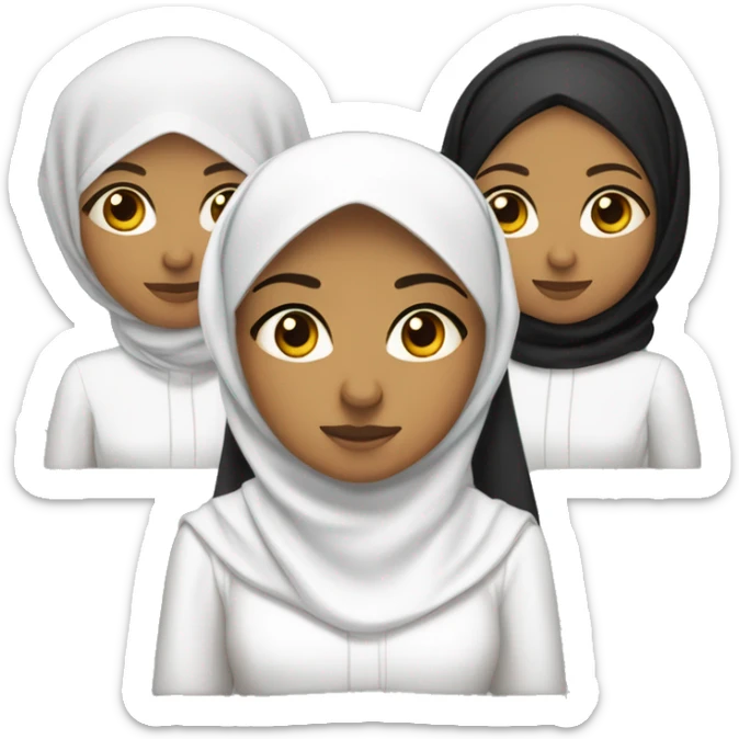 a light dark olive skinned woman wearing hijab with white hijab and white long formal clothes. with black eye and big eye small nose small mouth with a bit long chin . with her nephew and niece . holding a controller playstation. sticker
