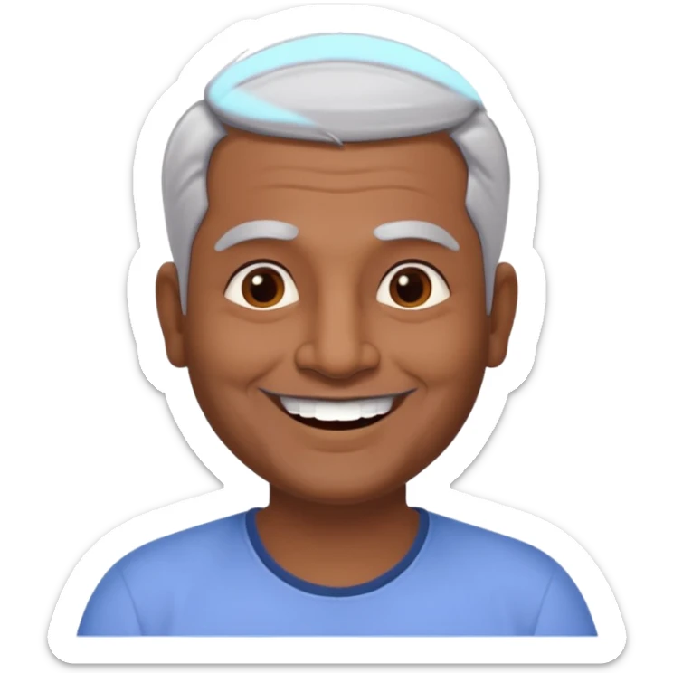 50 yr old indian man, dark skin, grey hair, big smile, white teeth, chubby, no moustache, clean shaven, young style hair, bindy, hair brushed back, stubble sticker