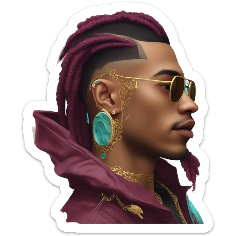 Vintage patina intricate swirls gold jewellery baroque raven wings tropical Deep pink maroon burgundy cyan dark hoodie man vitiligo dyed hair gold piercings nose piercing ear piercings sticker