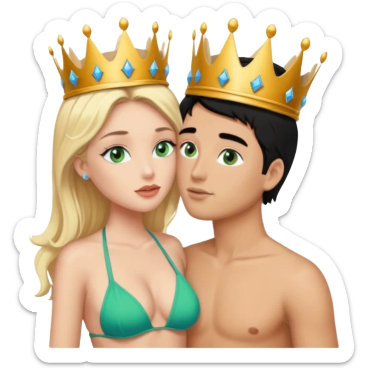 Blonde Queen with crownGreen eyes in Bikini kissing Male subject without crown black hair blue eyes Background Castle  sticker