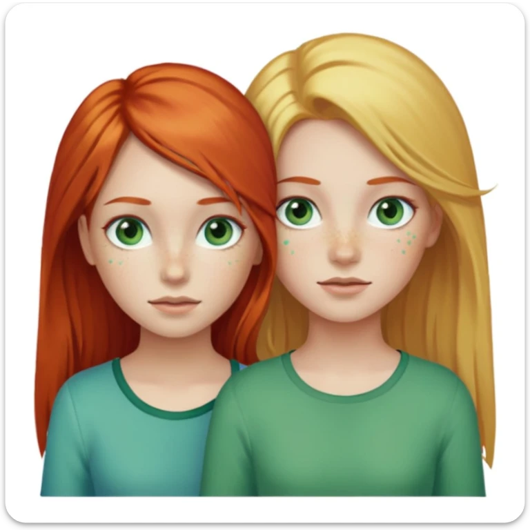 Deux filles celle à gauche à les cheveux roux et la peau claire avec des tâche de rousseur et les yeux bleu vert avec un peu de toutes les couleurs la fille à sa droite est un tout petit peu plus petite à les cheveux blonds long il les yeux verts sticker