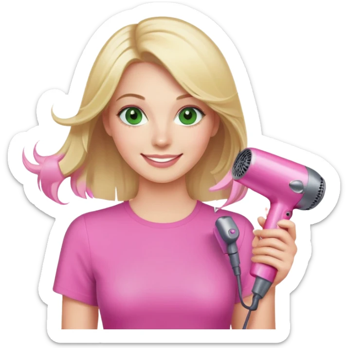 blonde woman with green eyes holding a pink Dyson hair dryer, smiling sticker