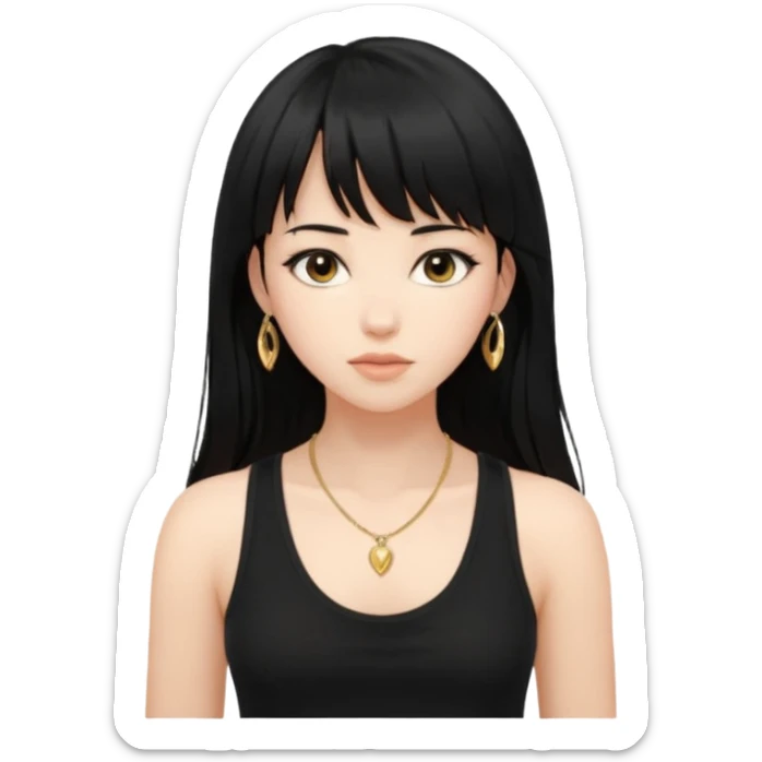 alrighht here’s just the person described for your emoji ai prompt:

> young woman, long black hair with bangs, soft expression, wearing a black tank top and gold necklace, confident pose, natural beauty, warm lighting on face, slightly tousled hair



lmk if u want it more detailed or stylized 🔥
 sticker