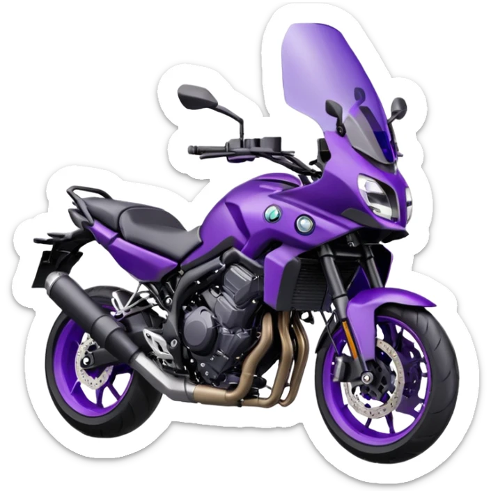 Créer un emoji avec une moto mt07 sport noir mate / violet iridescent très foncé, pare-brise de la moto violet. Avec une pilote dessus visière violet sombre visage caché . Avec fond arrière violet en arrière plan. sticker