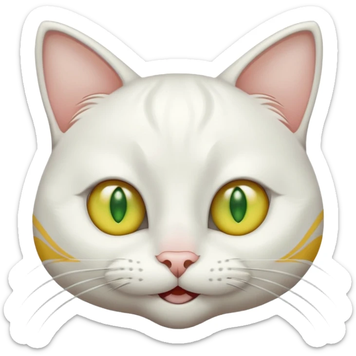 Realizar emoticonon de gato blanco con tonos gris claro solo carita sonriendo muy feliz ojos grandes de color verde con amarillos sus hijos  y bigotes largos  sticker