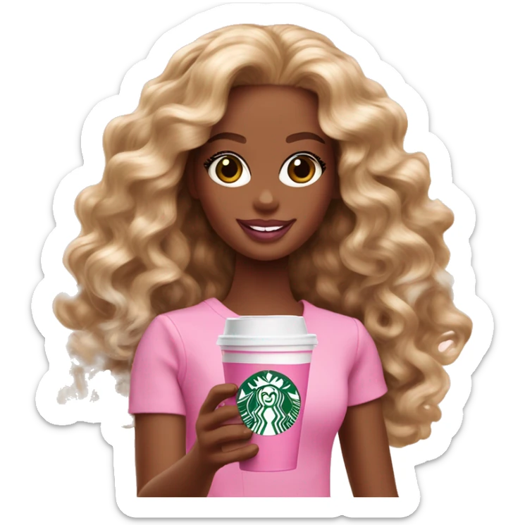 Barbie girl with brown and blonde Omni long curly hair holding Pink starbucks refresher sticker