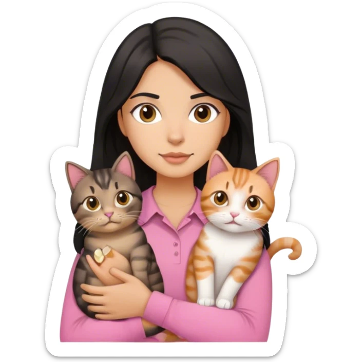 The long, slightly wavy black-haired girl wearing a pink shirt is holding two tabby cats. sticker