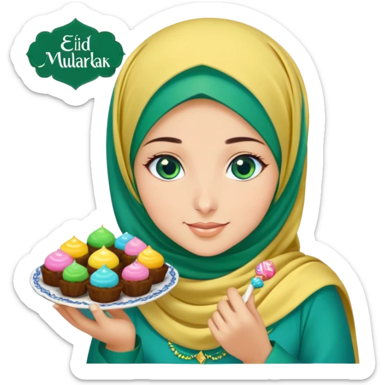 Turkish beautiful finish Konya girl blue eyes with green emerald yellow hijab islamic dress and had on her hand text Eid Mubarak with sweets and celebrating with her friends eid days   sticker