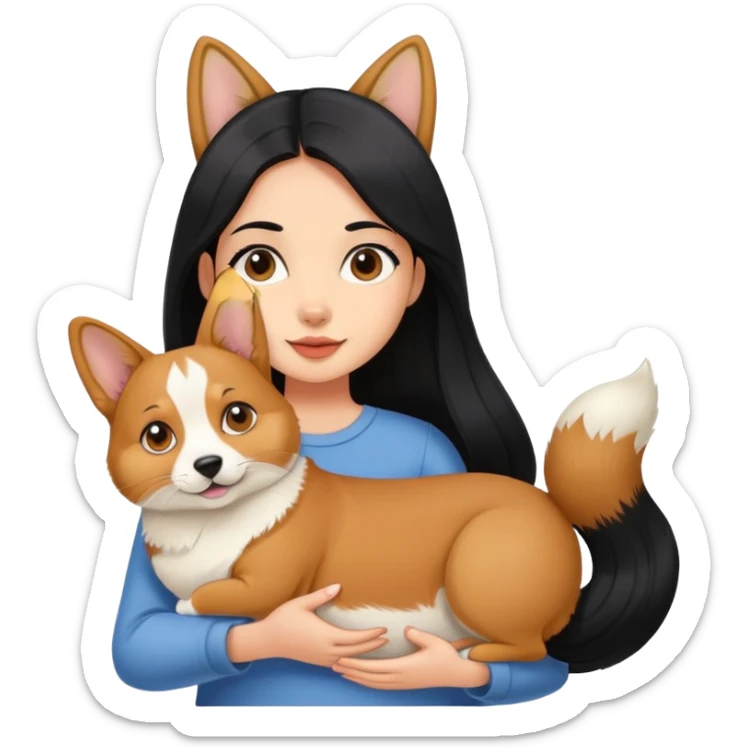 The girl with long black hair holding a corgi and a Abyssinian cat sticker