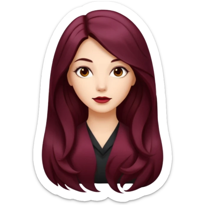 young glamorous woman 
Long waist-long hair
hair parted in the centre of her face
slightly wavy
dark burgundy hair 
 sticker