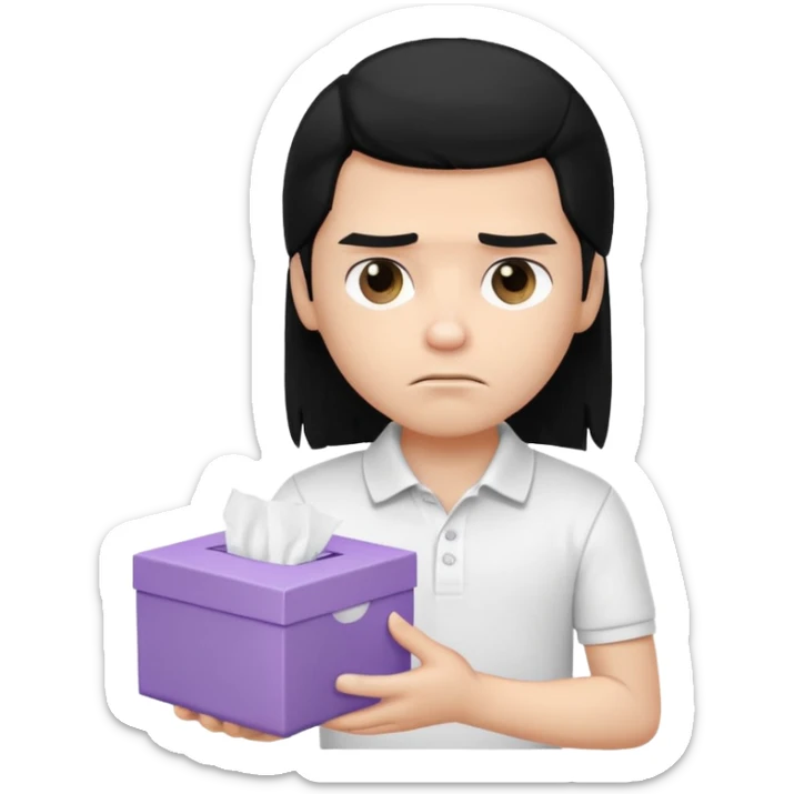 generate a pretty bratz boy with long black hair, wearing a white polo shirt. Looking sad, holding a box of tissues in right hand sticker