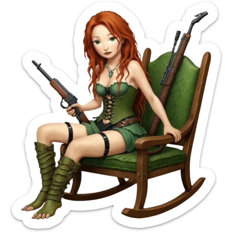 cinematic realistic ultra HD very old and tired Tori Amos casually crouches on a rocking chair in a torn corset, holding a double-barreled rifle and with muddy barefoot - a big snake wrapped itself around the chair sticker