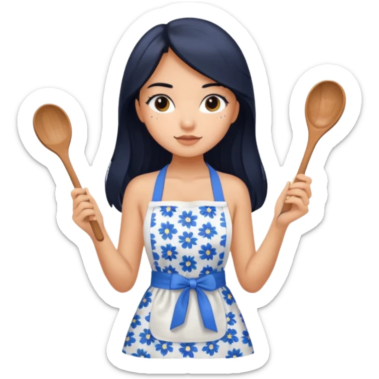 Girl with tan skin long black hair, in a blue and white floral apron, a white tube top with a mixing spoon in hand  sticker