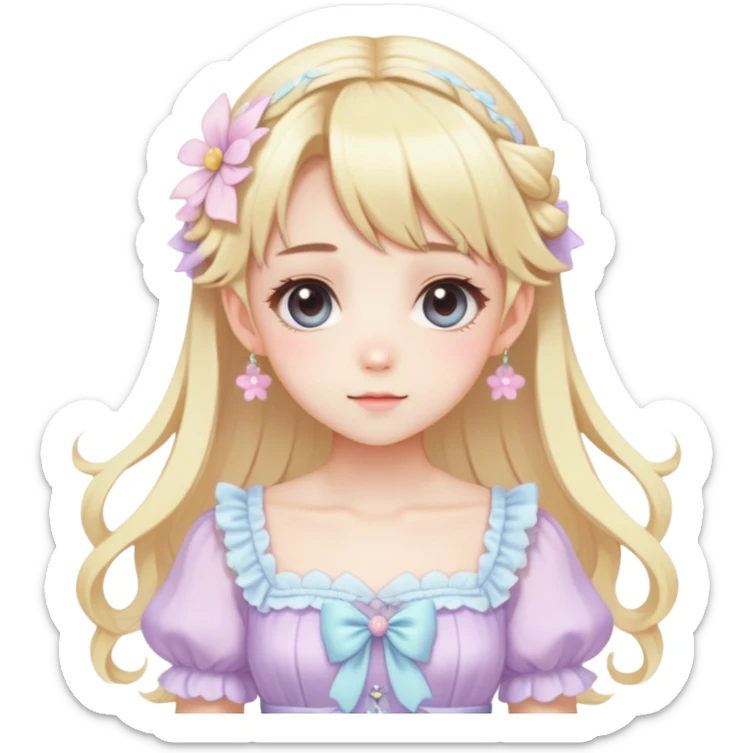 cute kawaii anime pastel lady with blonde hair, wearing a gorgeous dress, fairycore cottagecore style, highly detailed, trending aesthetic sticker