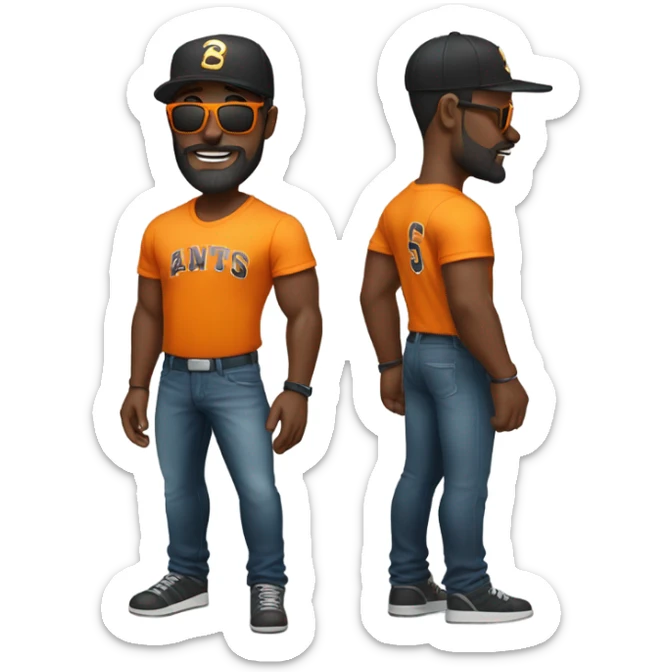 Muscular Black man in shades with a beard, mustache, and orange tee shirt with baseball cap. sticker