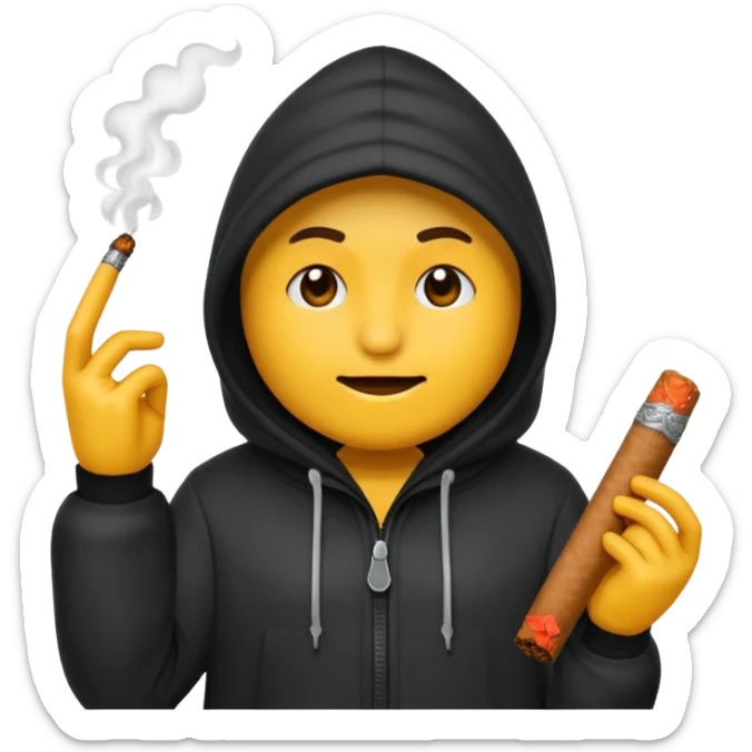 Tu peux créer un emoji d'un cagoule noir qui fumé un cigare qui me le doigt comme ça 🫵🏾 sticker
