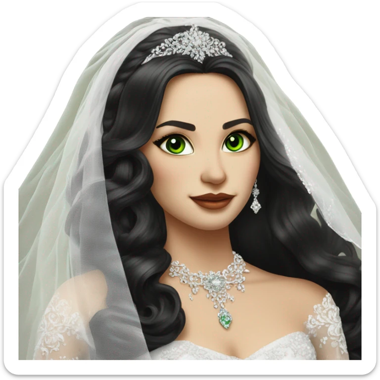 Hyper Realistic ornate ballgown long sleeve Wedding dress with diamanté on Russian bride with light skin and green eyes and long black hair with veil hyper realistic  sticker