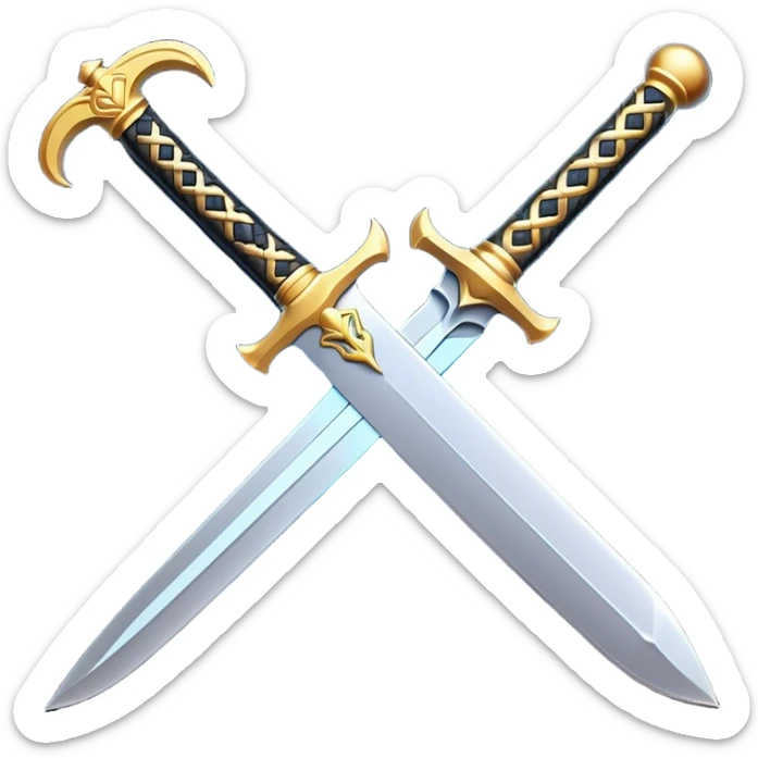 Clash of Clans aesthetic: Cinematic Playful Sword Emoji, rendered in a 3D vector-style similar to standard emojis with minimal shading and bold, simplified shapes. A compact, isometric blade with a gleaming, intricately designed hilt and a razor-sharp edge, softly glowing with a heroic, battle-ready charm. Simplified yet unmistakably iconic, highly detailed and consistent, glowing with a soft radiant brilliance and high shine. Stylized with a touch of medieval finesse and a soft glowing outline, capturing the essence of a legendary sword with a friendly, playful vibe! sticker