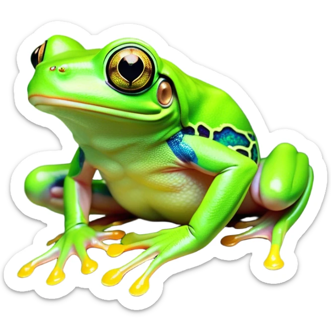 Cinematic Noble Green Tree Frog Portrait Emoji, Poised and alert, with a compact, vibrant body clad in bright, glossy green skin accented by delicate, sticky toe pads and large, bulging, observant eyes, Simplified yet sharp and sophisticated features, highly detailed, glowing with a soft, verdant luminescence, high shine, intelligent and sprightly, stylized with an air of tropical elegance, focused and attentive, soft glowing outline, capturing the essence of a watchful and confident amphibian that appears ready to leap out of the screen with effortless agility! sticker