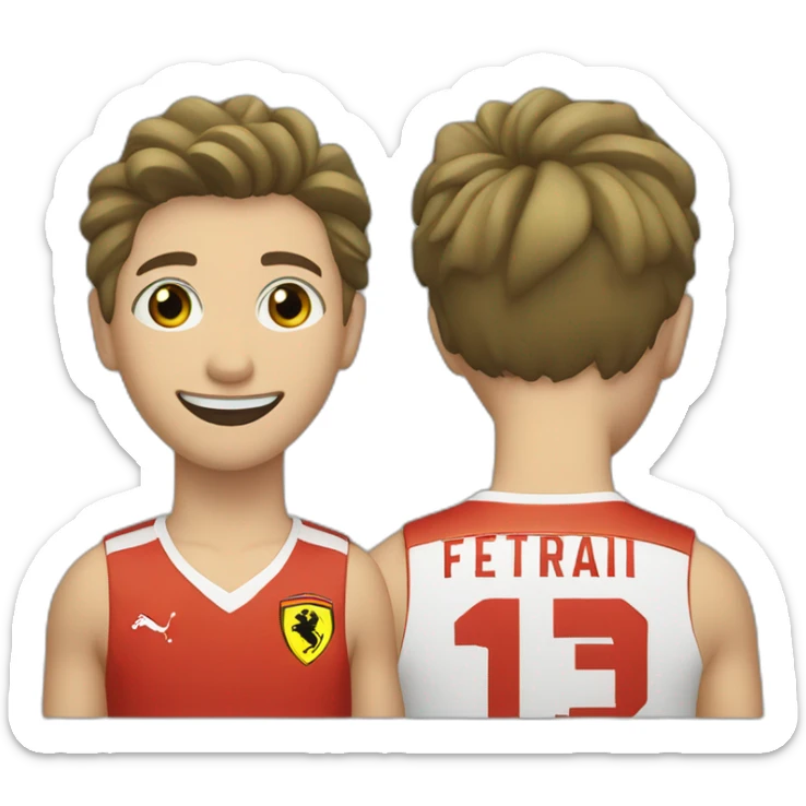 A smiling white teen with a long face in red Ferrari jersey with very short black hair and light green eyes and dig cheeks sticker