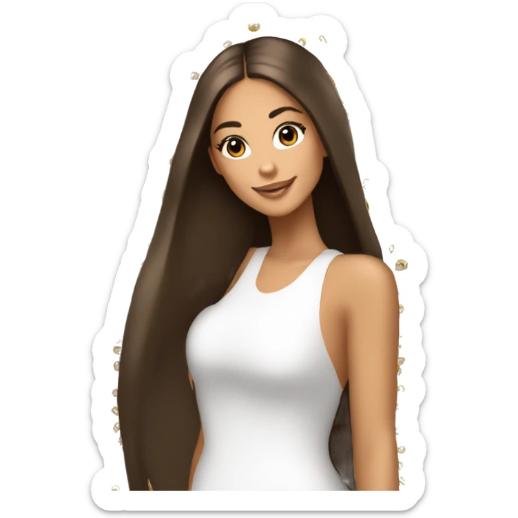  tan fashion girl dark brown long straight hair spraying an ariana grande perfume on sticker