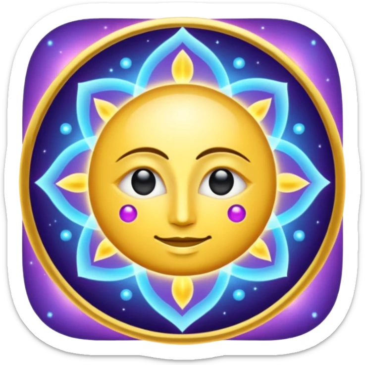 Create a minimal glowing emoji symbol of pure consciousness (Chetna) and formless God. Abstract divine energy, radiant light, infinity aura, cosmic spiritual vibe. No human form. Golden, blue, violet glow. Clean modern emoji style. sticker