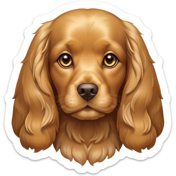 Cinematic Noble Gold Cocker Spaniel Portrait Emoji, Poised and regal, with a medium build and a lustrous, well-groomed golden coat, deep-set soulful brown eyes, Simplified yet sharp and sophisticated features, highly detailed, glowing with a soft, dignified glow, high shine, intelligent and loyal, stylized with an air of elegance, focused and attentive, soft glowing outline, capturing the essence of a watchful and confident companion, so majestic it feels as though it could trot out of the screen with effortless authority! sticker