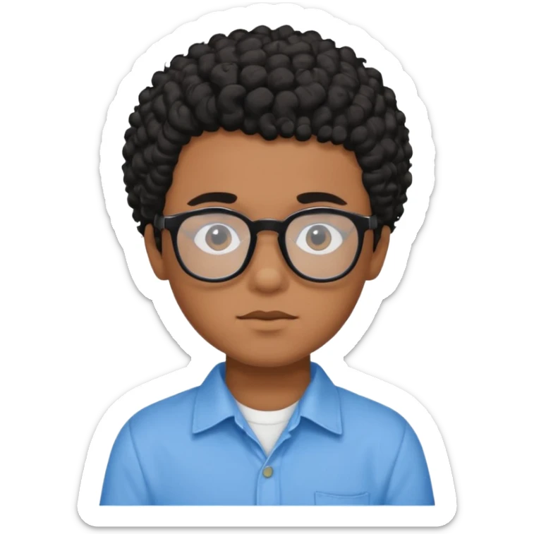 Menino moreno com cabelo curto cacheado preto, de óculos preto e blusa azul sticker