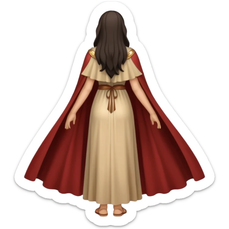 fullbody backview of Mary Magdalene, dark hair, light tan ancient dress, cape, sandals sticker