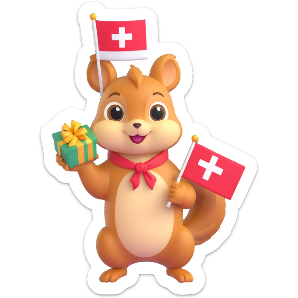squirrel holding a gift in one hand and a Swiss flag in the other, 3D emoji style sticker