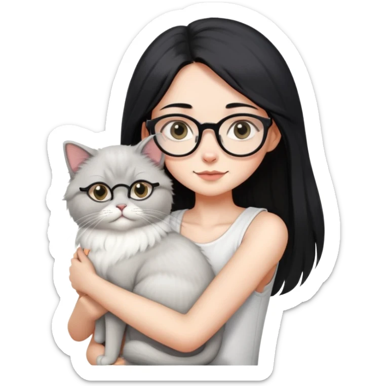 Skinny woman with oval glasses, long straight black hair, wearing white sleeveless top, hugging a grey Persian-Angora cat, plain background sticker