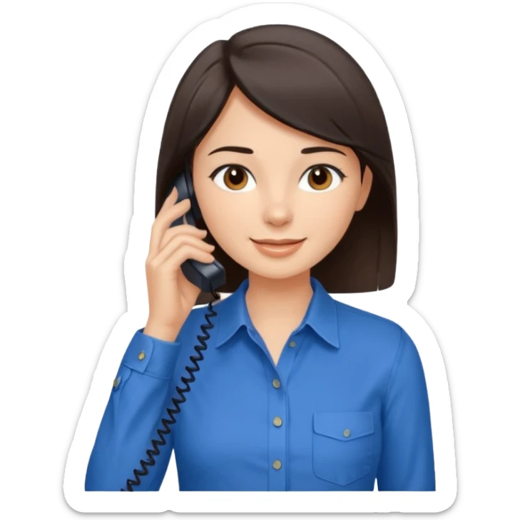 generate a pretty fair bratz girl with dark brown eyes. Dark brown hair straight short hair. tight blue button up shirt with top shirt open.  Talking on the phne sticker