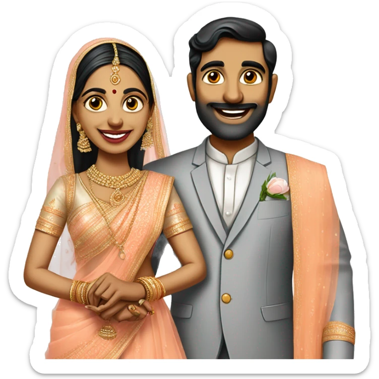 south indian wedding caricature of bride wearing peach colour lehenga and groom wearing Grey coloured tuxedo sticker