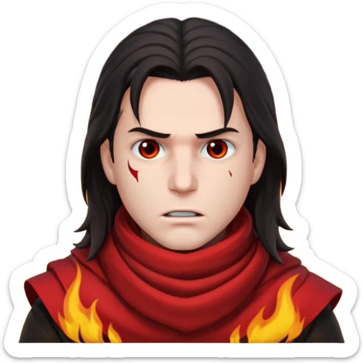 Vincent Valentine from Final Fantasy 7, headshot, red scarf covering mouth, intense eyes, flames behind him sticker