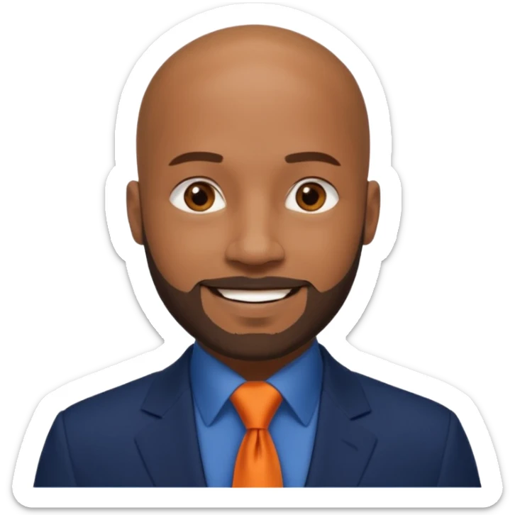 headshot of a sophisticated, stylish, bald head, smiling Caribbean black man with a beard and goatee in a navy blue suit, orange tie sticker