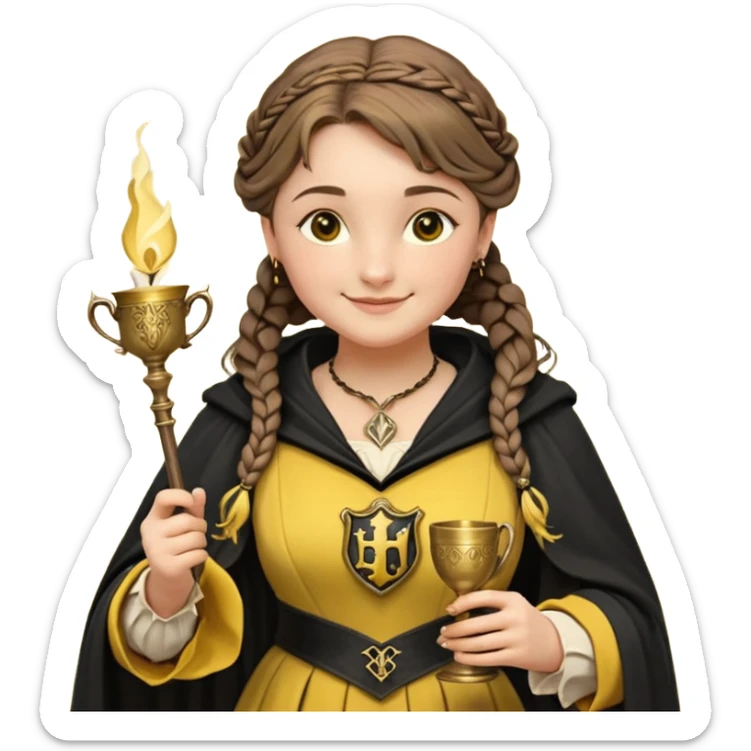 Helga Hufflepuff,the Hogwarts founder of Hufflepuff,brown-haired,2braids,yellow-black medieval dress with black cloak decorated with gold braiding,flickering magic wand and tiny two-handled shiny gold cup engraved with the badger silhouette,very kind smile,curvy busty sweet sticker